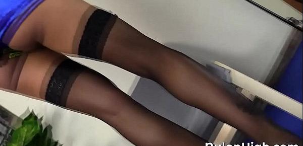  Beautiful blondie in stockings goes solo